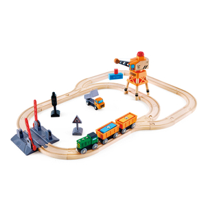 HAPE Crossing & Crane Set | 32-Piece Wooden Railway Cargo Playsset for Kids