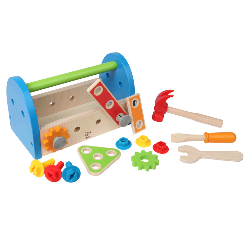 Perbaiki kotak alat kayu dengan aksesori oleh HAPE | Konstruksi Berwarna-warni Workbench Pounding Alat Mainan Set untuk Anak-anak, Memecahkan masalah Berpura-pura bermain set, 17 piece