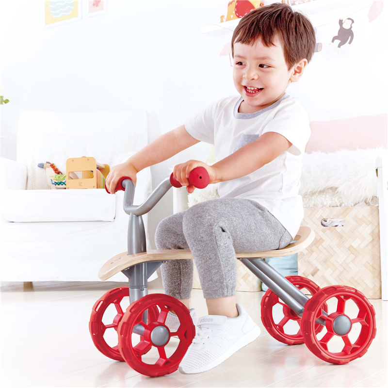 Hape Trail Rider | Peraih Penghargaan Skuter Roda Empat, Mainan Sepeda Kayu Push Balance Untuk Anak-Anak, Merah