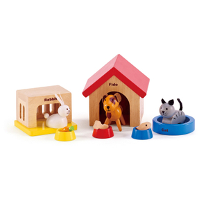 Keluarga Hewan Peliharaan Hewan Dollhouse Kayu Set Oleh Hape | Lengkapi Rumah Boneka Kayu Anda dengan Happy Dog, Cat, Bunny Pet Set dengan rumah-rumah gratis dan mangkuk makanan